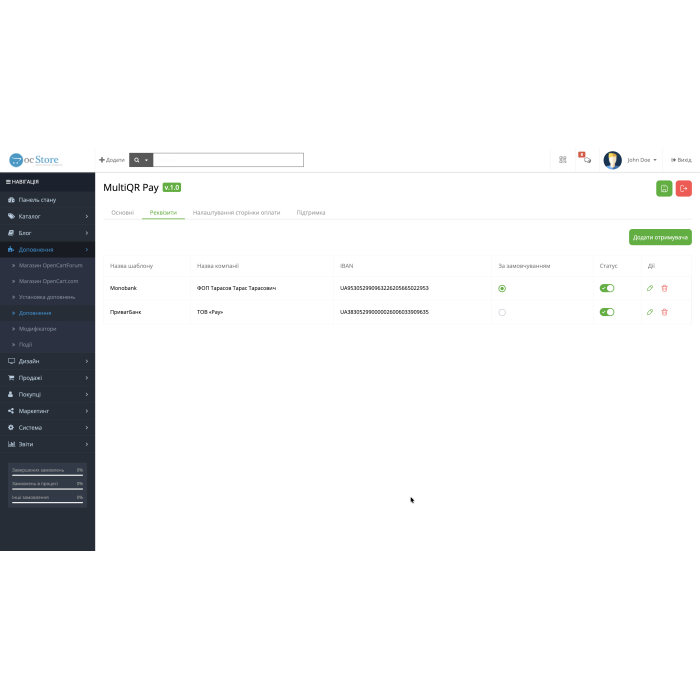MultiQR Pay - QR-оплата за IBAN для OpenCart (кілька ФОП)