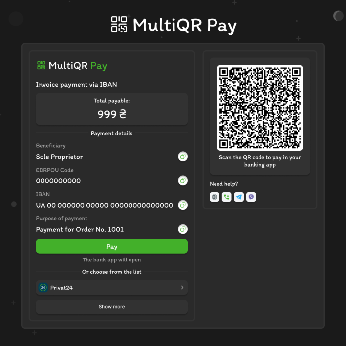 MultiQR Pay - QR-оплата за IBAN для OpenCart (кілька ФОП)